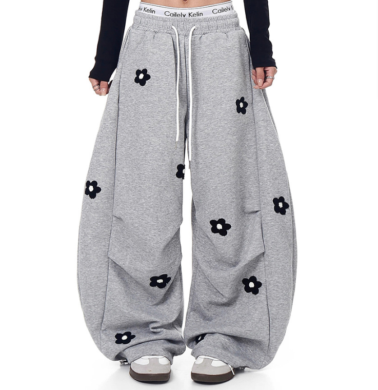 Flower Embroidered Wide-Leg Pants