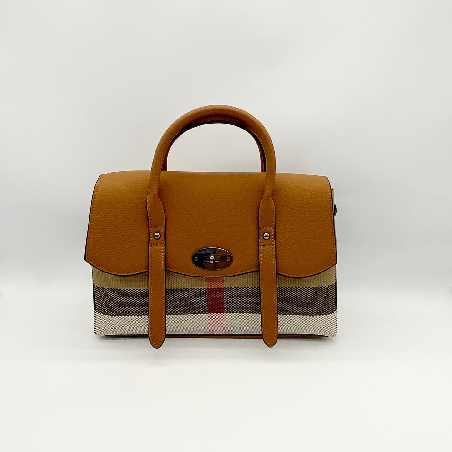【Flower Boston】Checkered Flap Handle Boston Bag-,buy 1 get 1 pony and 1 headband