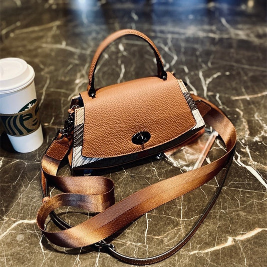 【Crescent Handbag】Checkered Leather Flap Handle Crossbody Bag-,buy 1 get 1 pony and 1 headband