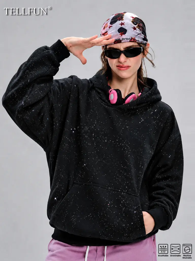 Sequined Pullover Hoodie - Fashionable Casual Long-Sleeved Menswear Top with Pockets, Loose-Fitting Y2K Galaxy Sweatshirt for Autumn & Winter