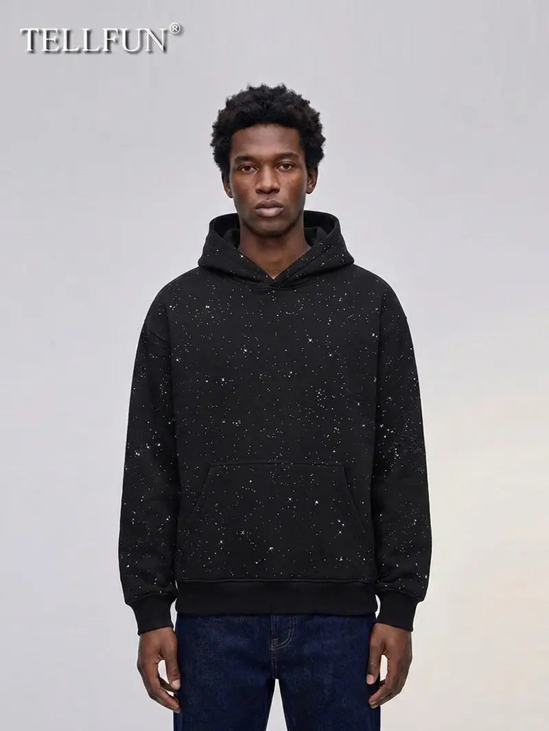Sequined Pullover Hoodie - Fashionable Casual Long-Sleeved Menswear Top with Pockets, Loose-Fitting Y2K Galaxy Sweatshirt for Autumn & Winter