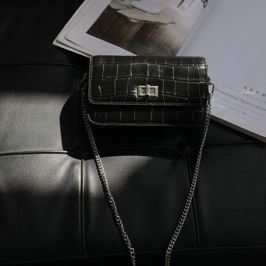 【Rectangular bag】1691 Cowhide Leather the Crocodile Grain Flap Crossbody Chain Bag Buy 1 Get 1 Pony and 1 Coin Purse