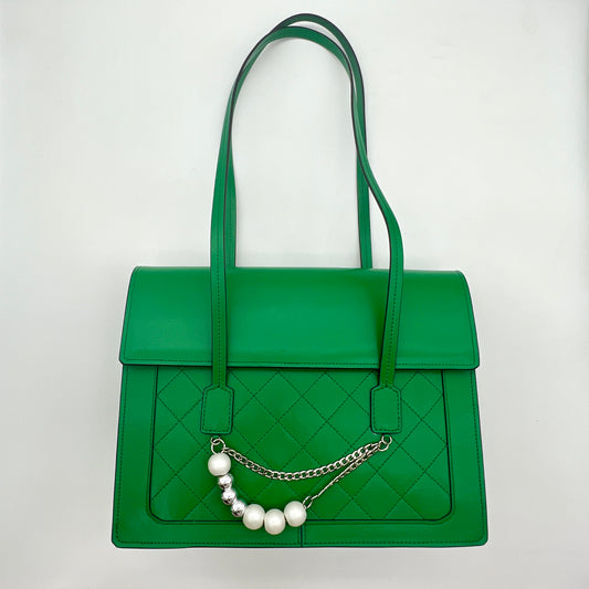 【Lady Shoulder Bag】Cowhide Leather Pearl chain decorative flap bag，buy 1 get 1 pony and 1 headband