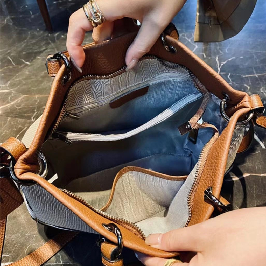 【Heart Tag】Cowhide Leather Bag Zipper Checkered Handbag，buy 1 get 1 pony and 1 coins purse