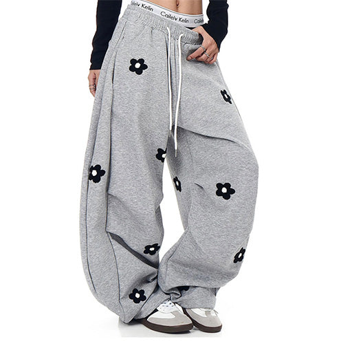 Flower Embroidered Wide-Leg Pants
