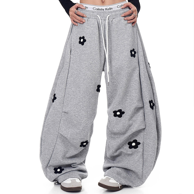 Flower Embroidered Wide-Leg Pants