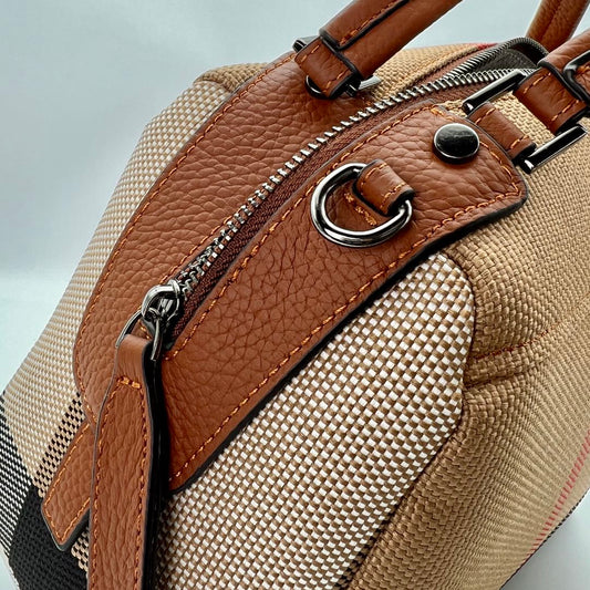 【Star Boston】Checkered Zipper Boston Handbag-buy 1 get 1 pony and 1 coins purse