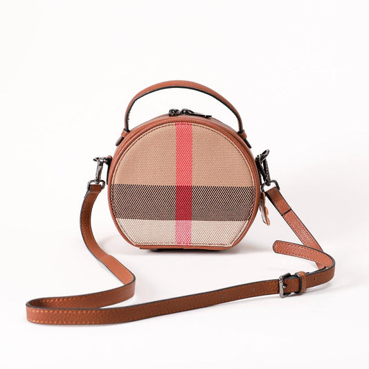 【Round Box】--Checkered  Handle Crossbody Bag  L 7.09" , W 3.55" , H 6.3"--，buy 1 get 1 pony and 1 headband