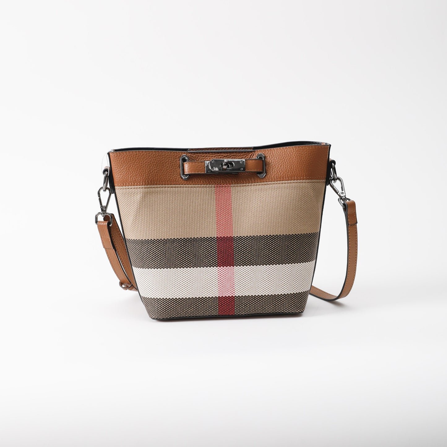 【Lock Bucket】【2 in 1】Checked Bucket Bag—  L 7.88" , W 3.94" , H 7.88"-buy 1 get 1 pony and 1 coins purse