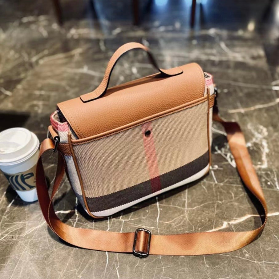 【Messenger Bag】Unisex Checkered Real Leather Flap Lock Shoulder Bag-，buy 1 get 1 pony and 1 headband