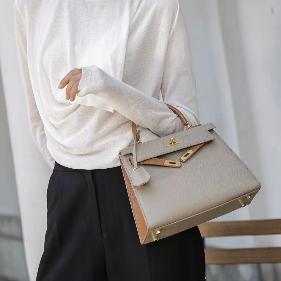 【Espom KL】Cowhide Leather 2 Tone Color Handbag---，buy 1 get 1 pony and 1 headband