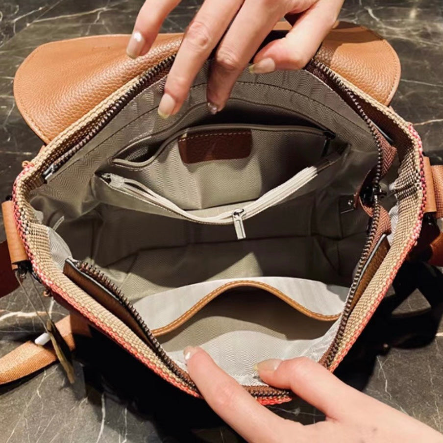 【Messenger Bag】Unisex Checkered Real Leather Flap Lock Shoulder Bag-，buy 1 get 1 pony and 1 headband