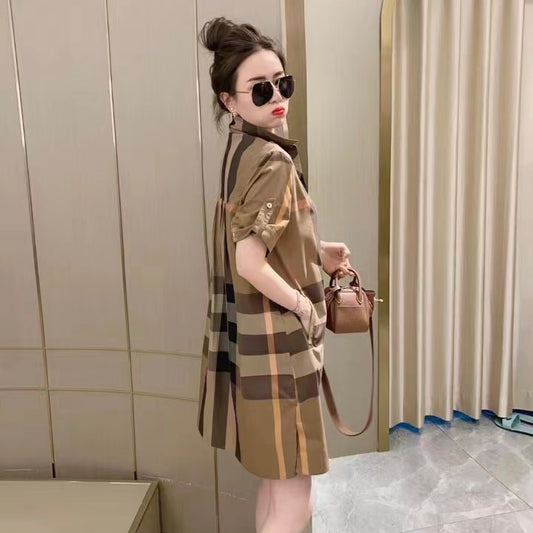 【BoBo's Dress】Checkered Short-sleeved Shirt Dress，buy 1 get 1 pony and 1 headband