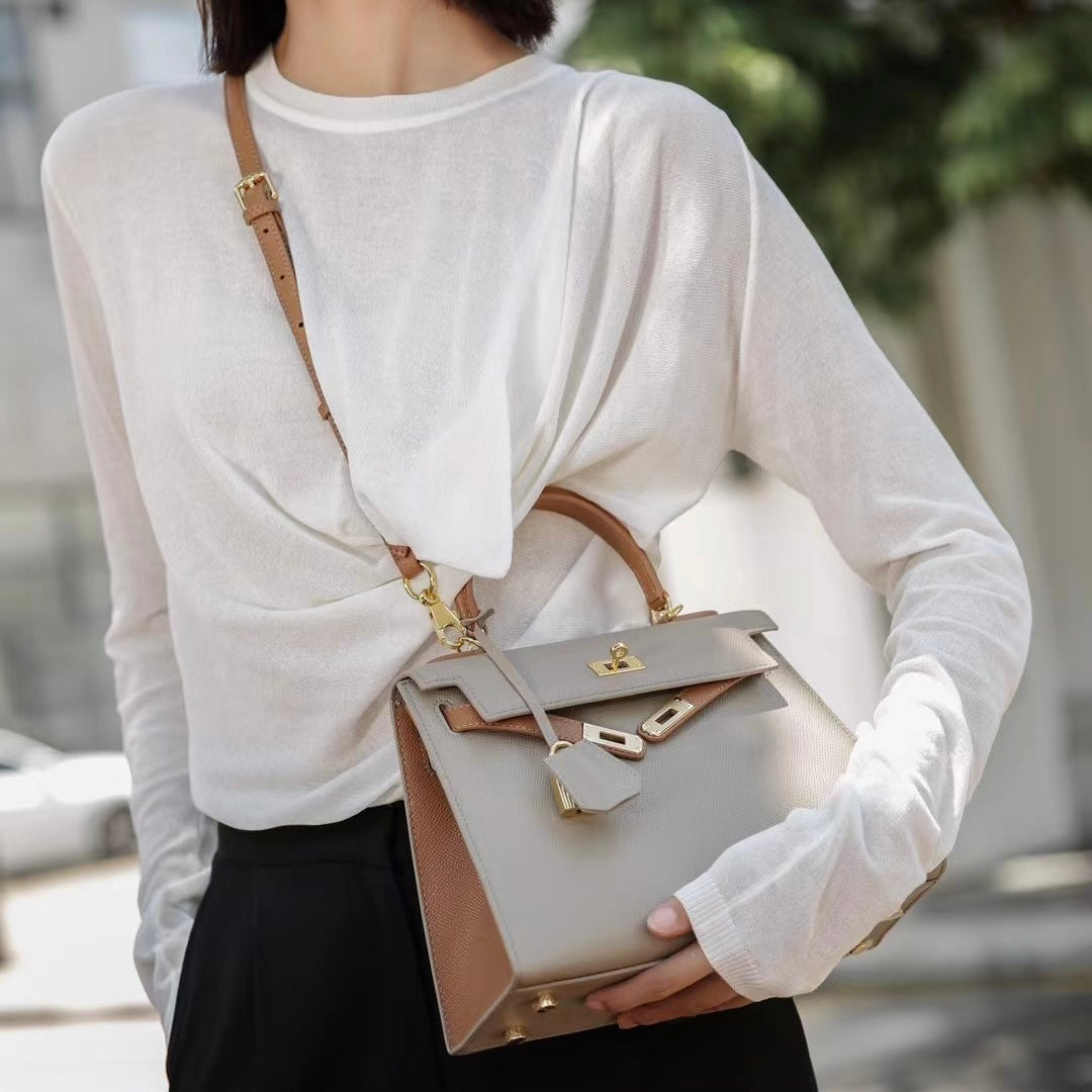 【Espom KL】Cowhide Leather 2 Tone Color Handbag---，buy 1 get 1 pony and 1 headband
