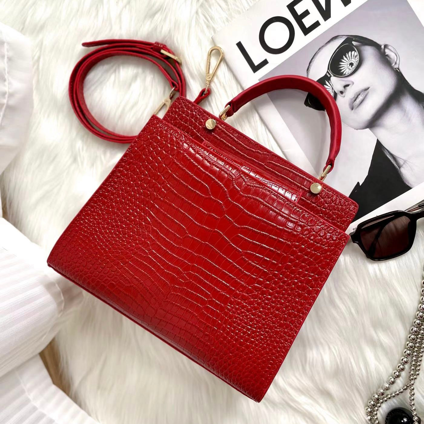 【Elena Handbag】Crocodile Pattern Cowhide Leather Bag，buy 1 get 1 pony and 1 headband