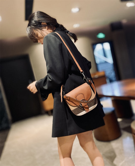 【Belt Saddle】Elephant's trunk-Checkered Cowhide Leather Handbag Crossbodys-，buy 1 get 1 pony and 1 coins purse