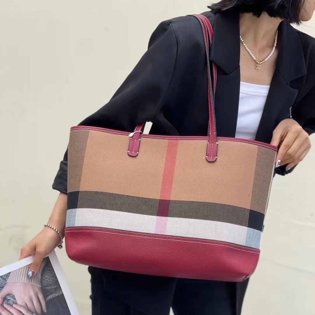 【It's Tote】【2 in 1】Cowhide Leather Tote with Cosmatic Bag-，buy 1 get 1 pony and 1 headband