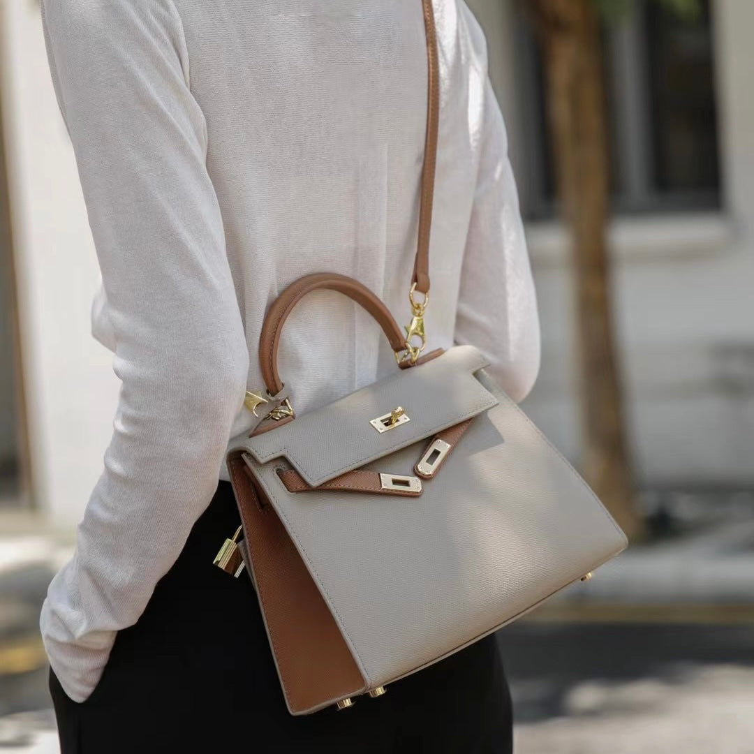 【Espom KL】Cowhide Leather 2 Tone Color Handbag---，buy 1 get 1 pony and 1 headband