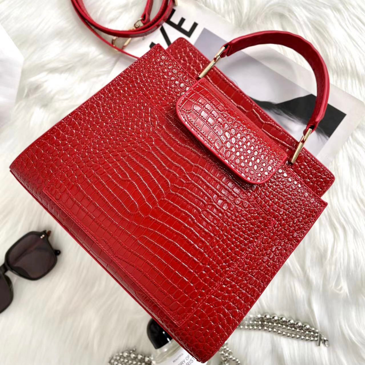 【Elena Handbag】Crocodile Pattern Cowhide Leather Bag，buy 1 get 1 pony and 1 headband