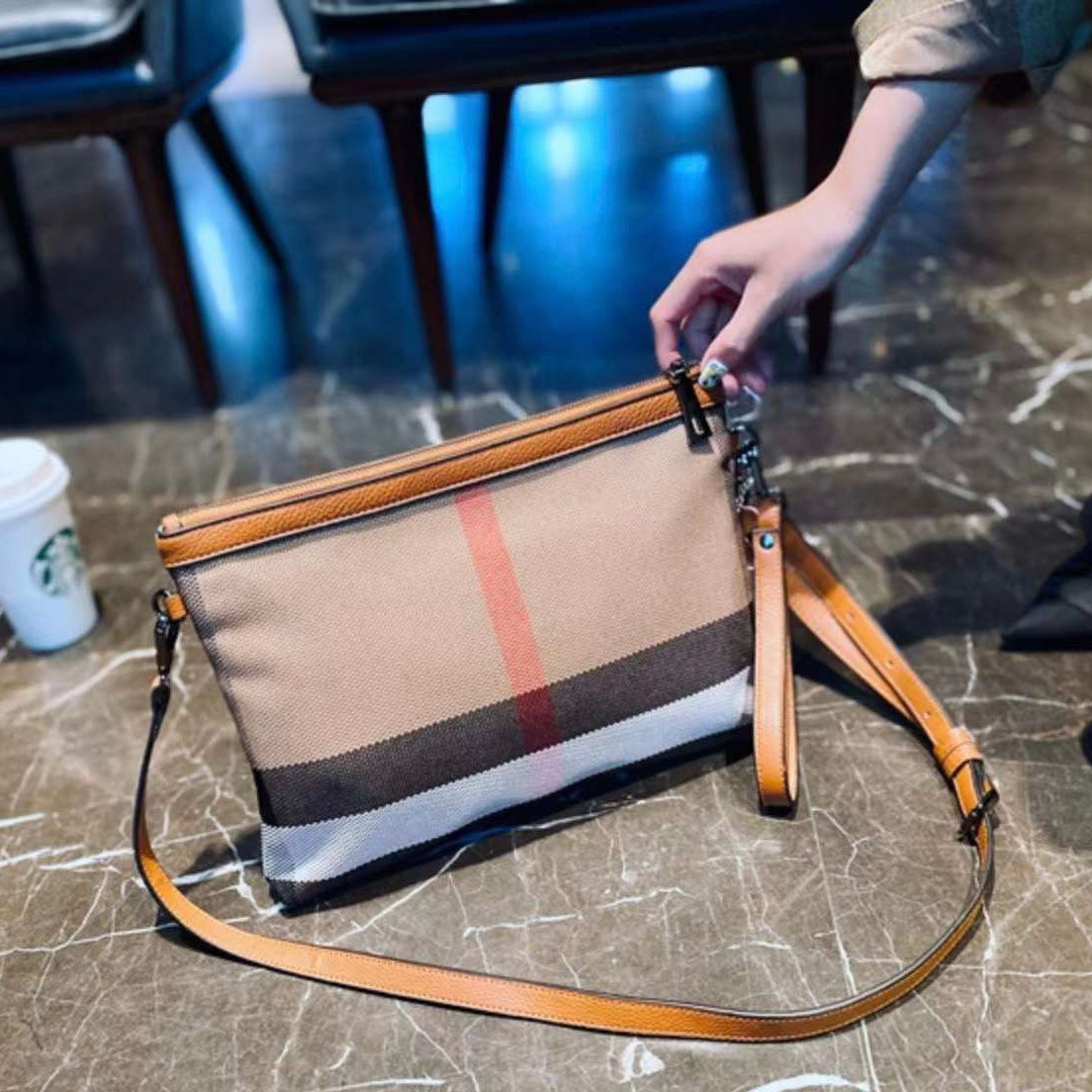 【Portfolio Bag】Checkered Leather Pouch Crossbody  Bag-buy 1 get 1 pony and 1 coins purse